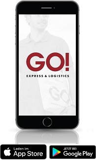IPhone Bildschirm zeigt das GO! Logo im Vordergrund und transparent im Hintergrund einen GO! Kurier