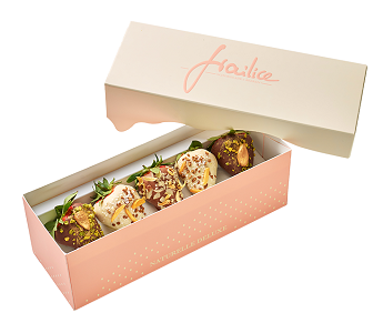 Frailice Schachtel Eine offene Schachtel Frailice, mit 5 Schokolade überzogenen und dekorierten Erdbeeren