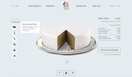 Biskitty Tortenersteller Biskitty Webseite zur Tortenerstellung mit einer weißen unfertigen Torte. Links sind Optionen zur Gestaltung und rechts der aktuelle Gesamtbetrag