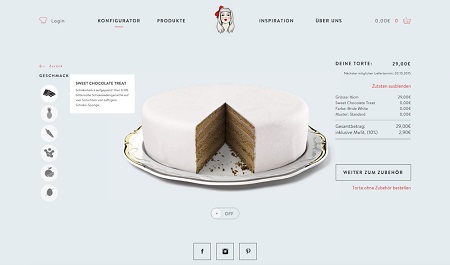 Biskitty Webseite zur Tortenerstellung mit einer weißen unfertigen Torte. Links sind Optionen zur Gestaltung und rechts der aktuelle Gesamtbetrag