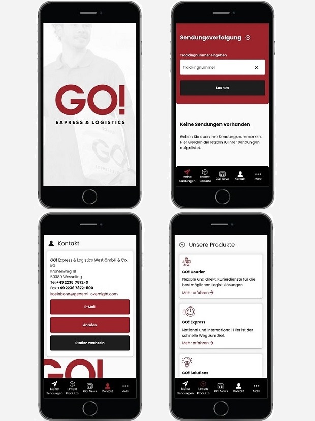 GO! Kundenapp Vier iPhones mit einer jeweils anderen Ansicht der GO! Kundenapp