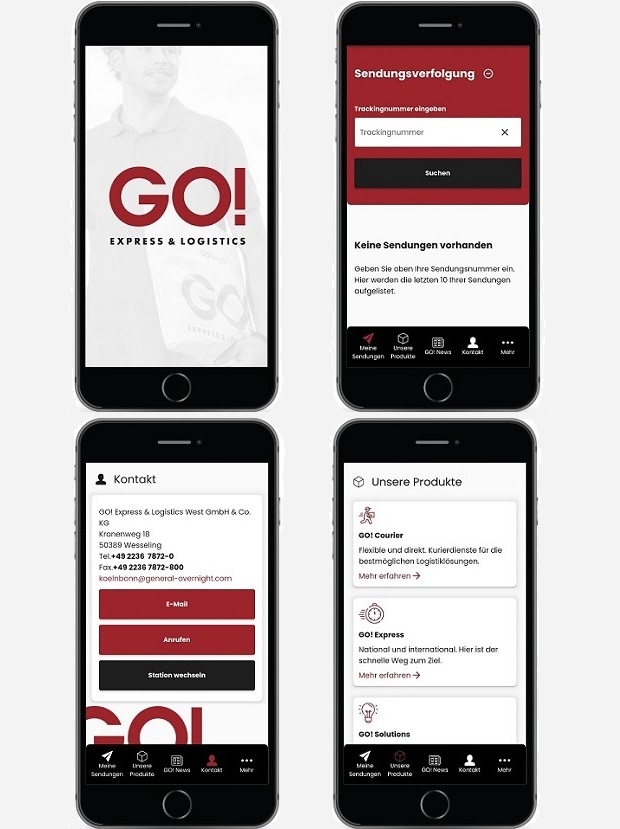 Vier iPhones mit einer jeweils anderen Ansicht der GO! Kundenapp
