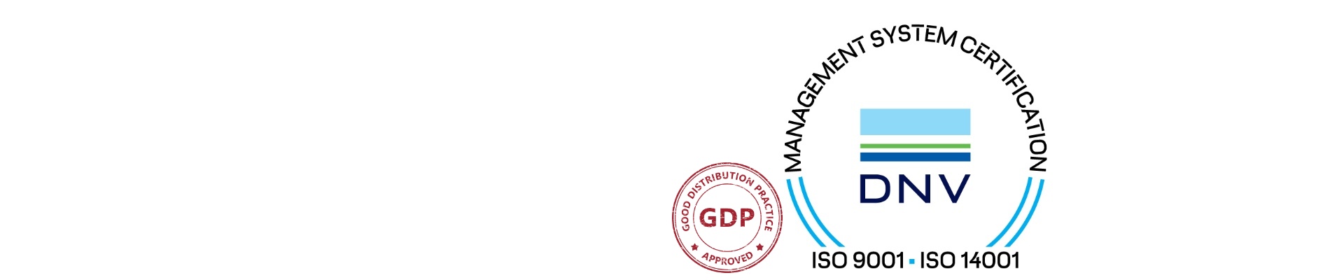 Die Qualitätssiegel ISO 9001:2015, ISO 14001:2015 und GDP auf weißem Hintergrund 