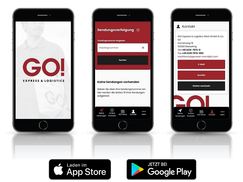 IPhone Bildschirm zeigt das GO! Logo im Vordergrund und transparent im Hintergrund einen GO! Kurier