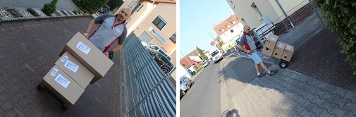 In zwei Bildern schiebt ein GO! Kurier drei Pakete auf einer Sackkarre auf der Straße und zum Haus der Kunden ab